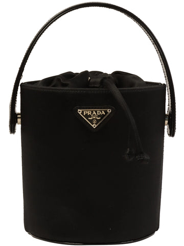 PRADA Satin Logo Plate Top Handle Bag Black