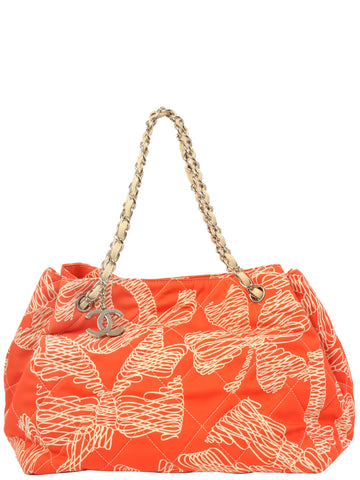CHANEL Around 2008 Made Cotton Design Print Cc Mark Charm Chain Tote Bag Orange/Ivory