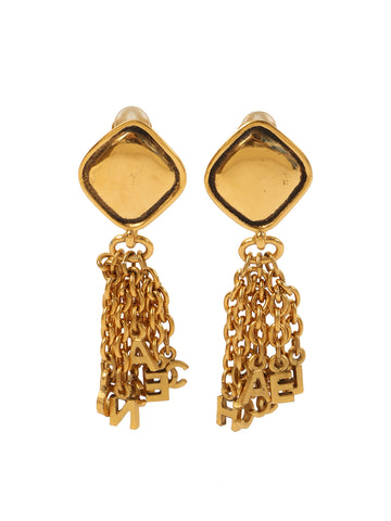 CHANEL Diamond Logo Charm Swing Earrings Gold