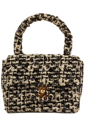 CHANEL Around 1992 Made Tweed Sequin Classic Flap Top Handle Bag Mini Black/White