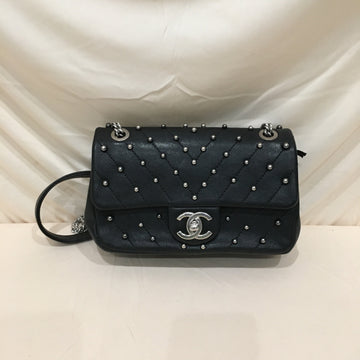 Chanel Black Leather Silver Stud Single Flap Shoulder Bag Sku# 72458
