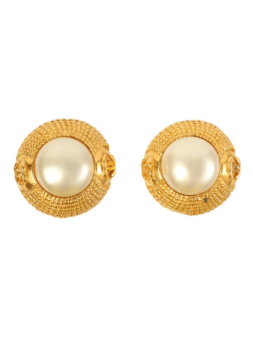 CHANEL Pearl Round 2 Cc Mark Earrings Gold/White