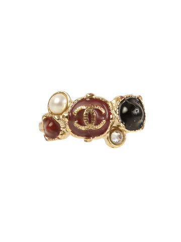 CHANEL 2008 Made Pearl Rhinestone Cc Mark Ring Gold/Bordeaux/Black