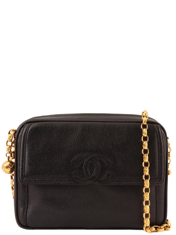 CHANEL Around 1992 Made Caviar Skin Cc Mark Stitch Ball Charm Bijoux Chain Bag Black