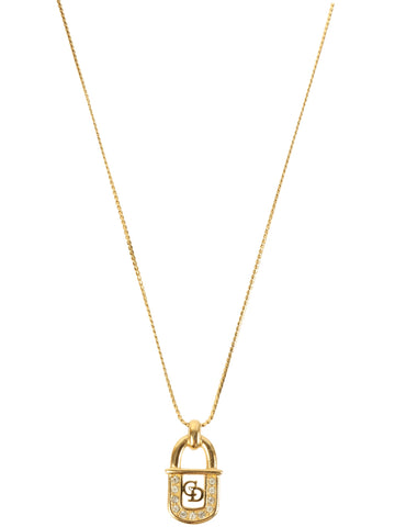 DIOR Rhinestone Padlock Motif Logo Cutout Necklace Gold