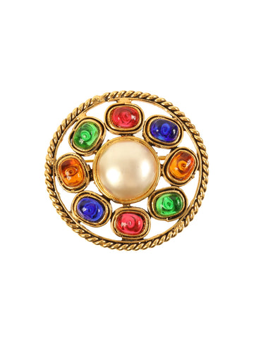 CHANEL 1988 Made Round Gripoix Pearl Brooch Gold/Clear/Multi