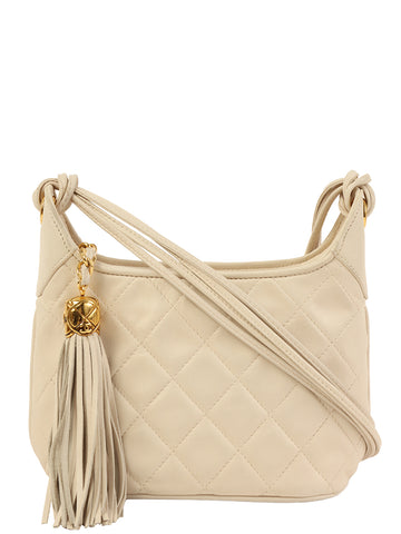 CHANEL Around 1990 Made Cc Mark Stitch Tassel Design Shoulder Bag White