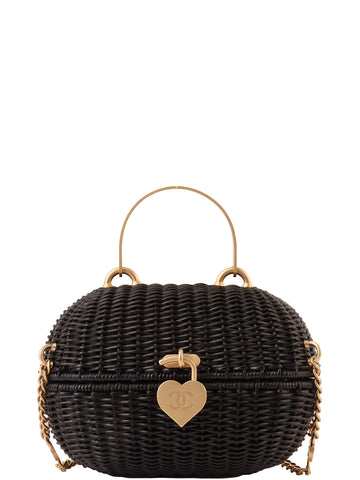 CHANEL Around 2004 Made Straw Heart Cc Mark Plate 2Way Bag Black