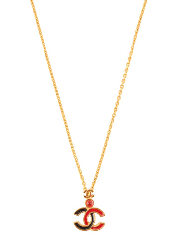 CHANEL Gripoix Double Cc Mark Plate Necklace Gold/Black/Red