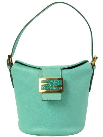 FENDI Leather Logo Plate Top Handle Bag Turquoise Green