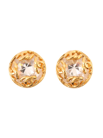 CHANEL 1995 Made Rhinestone Round 4 Cc Mark Earrings Gold