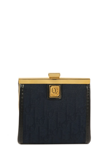 DIOR Trotter Pattern Metal Clasp Coin Case Navy/Gold