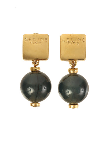 CELINE Square Logo Plate Beads Swing Earrings Gold/Navy