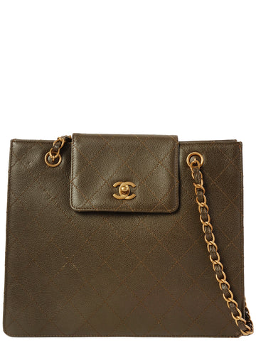 CHANEL Around 1998 Made Caviar Skin Turn-Lock Tote Bag Brown