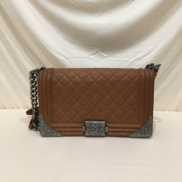 Chanel Brown Leather Embellished Metal Boy Old Medium Shoulder Bag Sku# 73373