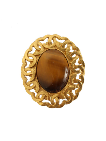 CHANEL 1995 Made Tiger Eye Stone Oval Cc Mark Brooch Gold/Brown