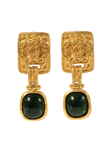 CHANEL 1994 Made Gripoix Square Cc Mark Swing Earrings Gold/Green