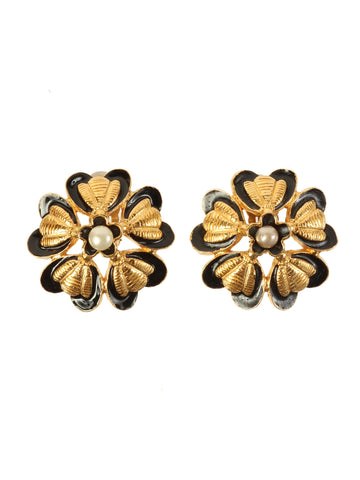 CHANEL 1988 Made Pearl Flower Motif Earrings Gold/Black/White