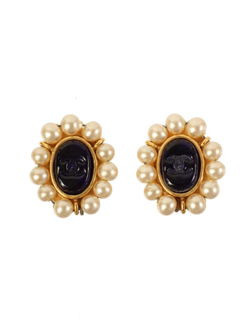 CHANEL 1994 Made Pearl Cc Mark Earrings Gold/Navy