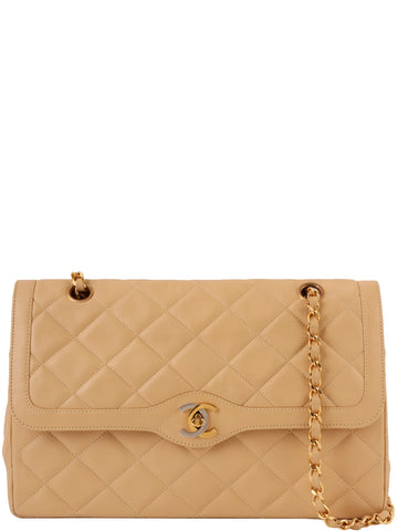 CHANEL Around 1992 Made Paris Limited Design Flap Turn-Lock Chain Bag Beige