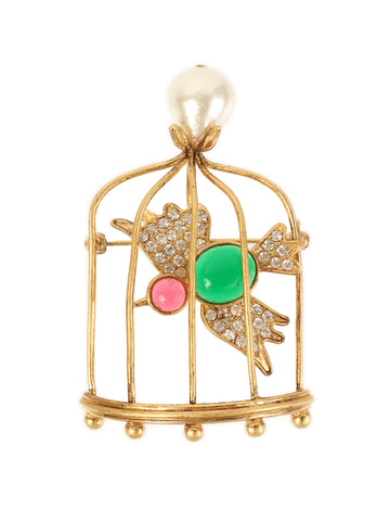 CHANEL 1994 Made Gripoix Pearl Rhinestone Bird Cage Brooch Gold/Multi