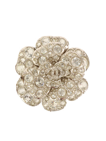 CHANEL 2005 Made Camellia Cc Mark Rhinestone Brooch Silver