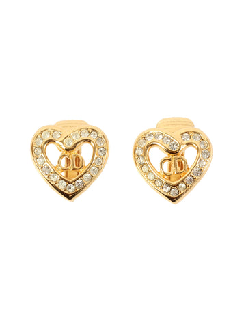 DIOR Rhinestone Heart Logo Earrings Gold