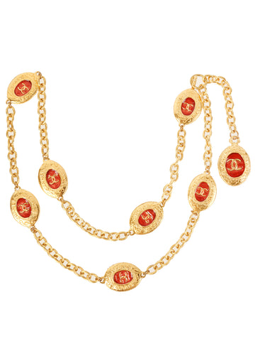 CHANEL Oval Cc Mark Plate Chain Belt Gold/Red