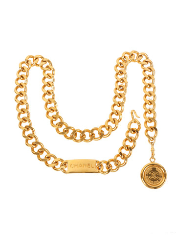 CHANEL Logo Plate Cc Mark Coin Charm Chain Belt Gold