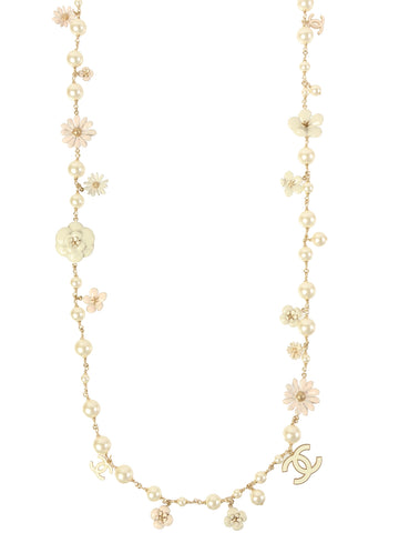 CHANEL 2011 Made Pearl Cc Mark Flower Charm Long Necklace White/Gold