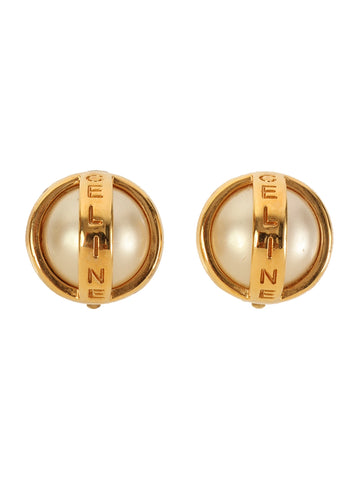 CELINE Pearl Round Logo Earrings Gold/White