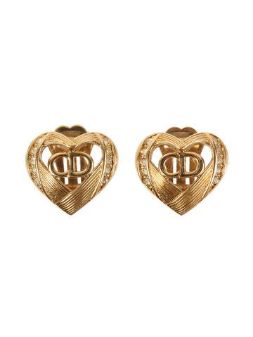 DIOR Rhinestone Heart Logo Earrings Gold