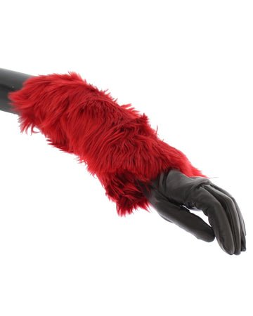 Dolce & Gabbana Women's Brown Leather Red Fur Elbow Gloves