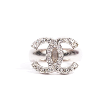 Chanel Crystal Ring Silver Base Metal 52