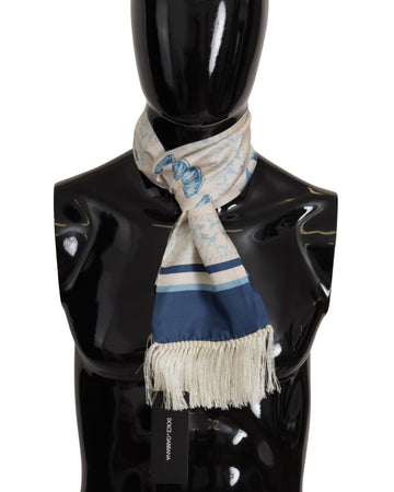 Dolce & Gabbana Men's Blue Silk Shell Print White Shawl Fringes Scarf