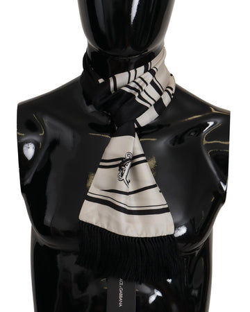 Dolce & Gabbana Men's Black White Silk Striped Print Logo Fringe Scarf