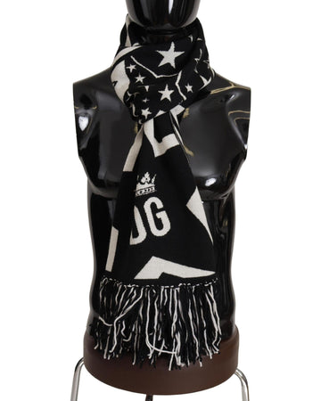 Dolce & Gabbana Men's White Black DG Logo Star Printed Wool Fringe Scarf