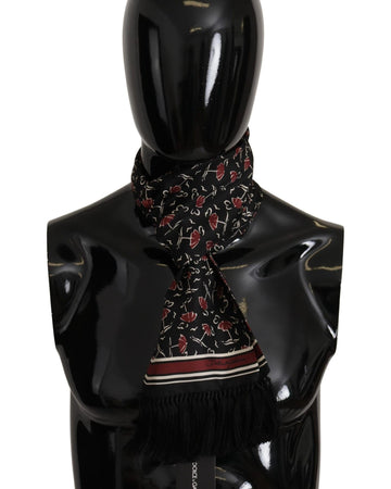 Dolce & Gabbana Men's Black Red Umbrellas Patterned Shawl Fringe Scarf