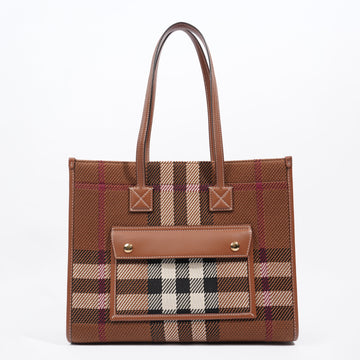 Burberry Knitted Check Freya Tote Bag Brown / Black / White Fabric Small