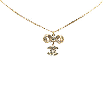 CHANEL Gold Plated CC Bow Crystal Pendant Necklace Costume Necklace