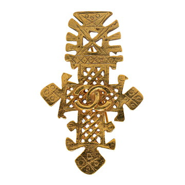 CHANEL Gold Plated CC Cross Brooch Costume Brooch