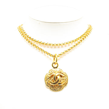 CHANEL Gold Plated CC Round Pendant Necklace Costume Necklace