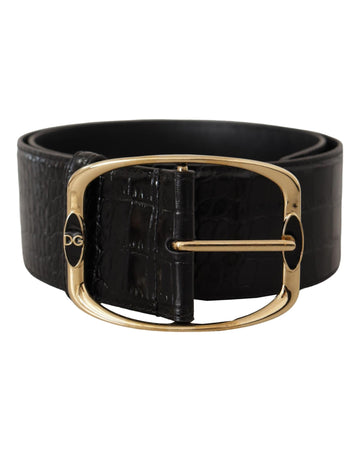 Dolce & Gabbana Women's Black Crocodile Print Gold Metal DG Logo Buckle Belt