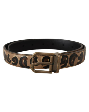 Dolce & Gabbana Women's Brown Leather Leopard Print Bronze Metal Buckle Belt