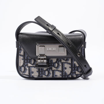 Christian Dior Nano Pouch On Strap Navy And Grey Dior Oblique / Black Leather Canvas