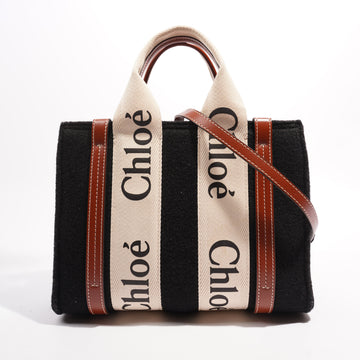 Chloe Woody Tote Black / Cream / Brown Leather Trim Canvas Small