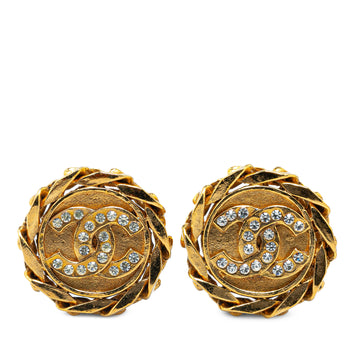 CHANEL Gold Plated CC Crystal Clip On Earrings Costume Earrings