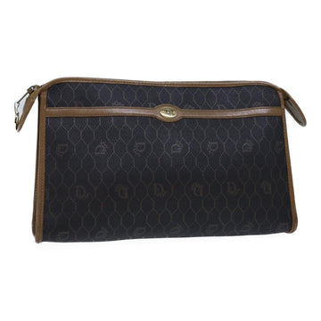 CHRISTIAN DIOR Honeycomb Canvas Clutch Bag PVC Leather Black Auth ac2956