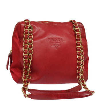 PRADA Chain Shoulder Bag Leather Red Auth ac3042