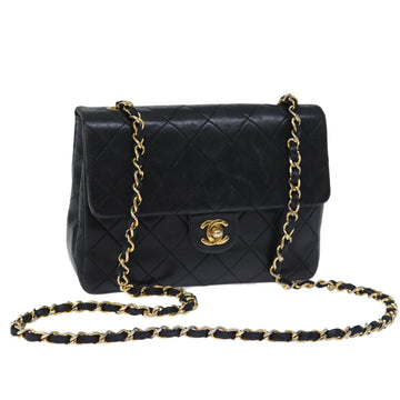 CHANEL Mini Matelasse Chain Shoulder Bag Lamb Skin Black CC Auth am6122A